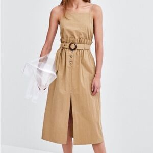 Zara Tan Midi Dress with Belted Waist